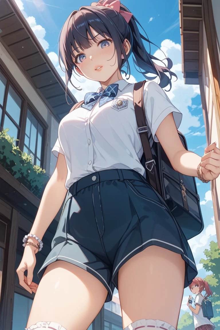 (Masterpiece:1.3、highest quality、Ultra-high resolution、Super detailed)、(Real:1.1、Photorealistic:1.4)、Beautiful illustrations、Perfect lighting、colorful、Border Depth、Beautiful Hair in Every Detail、Beautiful face in every detail、Beautiful definition details、Beautiful clavicle、Beautiful body、Beautiful breasts、Beautiful thighs、Beautiful legs、Beautiful fingers、Show Viewer、1 girl、Japanese、high school girl、Perfect Face、(Perfect Anatomy、Anatomically correct)、Cute and symmetrical face、Baby face、Sunburn、Skin radiance、(Camel Toe:1.5、Shaved:1.2)、Beautiful Hair、Asymmetrical Bangs、blue eyes、Long eyelashes、(Chest)、Skinny、(Pull up your skirt、Not wearing underwear、No underwear:1.5)、((Collared short-sleeved shirt、Light blue shirt、)Grey plaid pleated skirt、Navy ones))、(Beautiful views)、evening、(Outdoor、distant cityscape)、Are standing、(Pull up your skirt yourself:1.5)、(Cute smile、Blushing、Looking up、Open your mouth)、 (Opening a girl&#39;s pussy:1.3)、hour々squat:1.2、Stick your fingers in your:1.2、