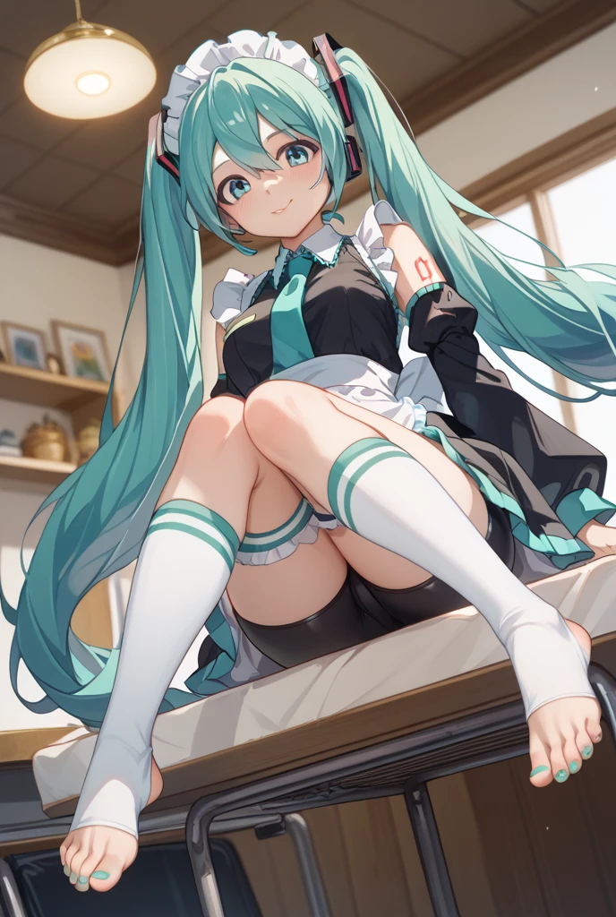 masterpiece, Highest quality, 1 Girl, Lum、 Mature、Sailor suit、Navy Skirt、Black Pantyhose、Sit down、Watching the audience、 Show the soles、 From below, Panties, anime, blush, sexy、 High definition, Green Hair. Japan