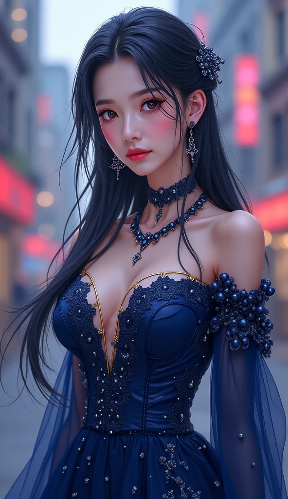 masterpiece, Highest quality, Ultra-high resolution,Photon Mapping,Best Shadow,Portraiture,Beauty Details,Ultra high definition,Long purple hair,Single Blade,Blunt bangs,Medium chest,city,Chinatown,Downtown,See through, Short dress, Low Cut:2, hair ornaments, Earrings, necklace, Portraiture, Silver Dress:2, View your viewers,alone,Professional Light, Detailed skin,