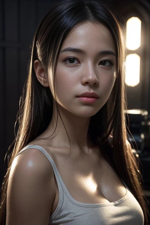 highest quality, epic realistic, ((in the pitch black darkness :1.4)), (()),(background: dark ) high contrast ,glorious picture, lowest lux, lighting face, she's comfortable, wearing white lingerie, looks incredible, (8k, Raw photo, Highest quality),(epic realistic:1.5), a woman, face,(detailed eyes:0.8),(looking at the camera:1.4), (Highest quality), ( high contrast, deep shadows),Intricate details,cinematic,((skin:1.4)), (long dark hair:1.3), long hair, messy ,(Hdr:1.5),Detailed, colors, Superior quality, Masterpiece, Raw Photo (20-year-old, looking at viewer), beautiful, (wearing underwear,), perfect, natural, perfect composition, portrait, perfect face, smiling expression, Captivating eyes, Bright details, Tight lips, (High Skin Detail),, (blue tint: 0.6), (sale: 0.8), (bloody: 0.7), Key lighting , (backlight: 0.5), Medium depth of field, Canon 5d, 50mm lens, f/4 apertures, (Ultra-detailed, Complex detail), sharp focus, soft colors, 8k, Absurd, 80mm, dark background, photography, smiling, small round breasts ,