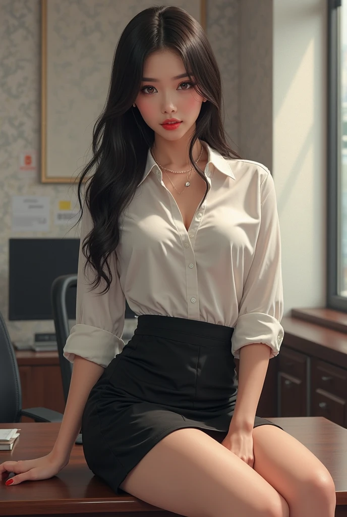 A beautiful teacher with big breasts, a good figure, fair skin, a thin long-sleeved white shirt, a short black skirt, sitting on a table. 