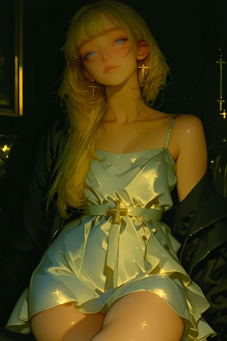 very sexy girl, blonde with long hair, slim, very small breasts, sexy dress, on the couch in a living room overlooking a magical night with stars,(best quality, 4k, 8k, high resolution, masterpiece: 1.2), ultra-detailed, (realistic, photorealistic, photorealistic : 1.37), intricate details, vivid colors, sharp focus, professional, Dave McKean artwork, surreal oil touch, oil painting style, portrait, woman, beautiful detailed eyes, beautiful detailed lips, dreamlike atmosphere, game of shadows, soft lighting, fun pose, dark tones, ethereal background, fantasy elements, texture, layered composition. {{{,nsfw,speech bubble,sexy dress, {{{,{pussy,spread her pussy,cum,cum on pussy,masterbation,straddling,y}}},cute,ultra detailed skin,sketch}}}, ,}}}, art inspired by Bill Sienkiewicz and Dave McKean