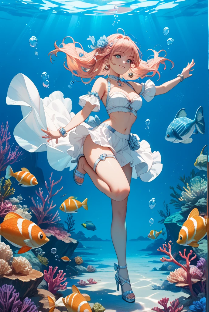 (obra-prima, melhor qualidade;1.3), imagem extremamente detalhada, ultra detalhada, oceano, sereia no estilo manga, 1girl, solo, quadrinhos, swimming next to a group of fish, olhando para o espectador com um sorriso puro