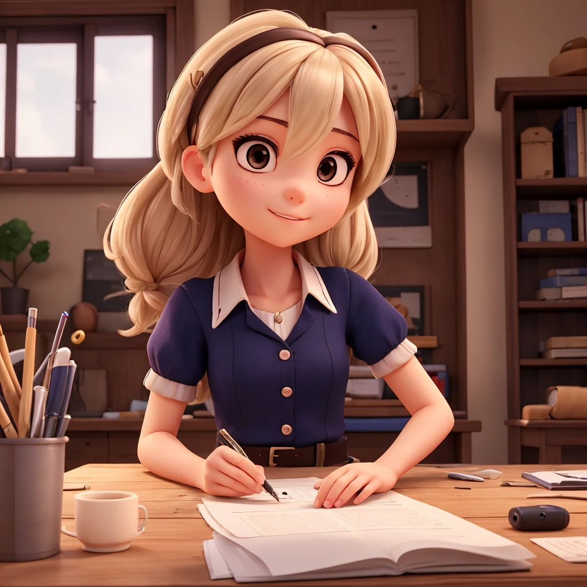 Peraonage girl from Inside Out,Disney and pixar style,3d,one with yellow skin,smiling,chestnut hair,with papers and pencil in hand,with a dress.8 k quality.