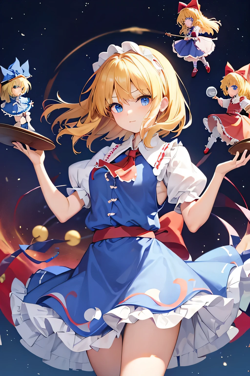 1girl, alice margatroid (touhou), blue eyes, medium hair, blonde hair, white capelet, blue dress, frilled dress, frilled ascot, red ascot, puffy short sleeves, red hairband, ta hairband, frilled hairband, grimoire of alice, doll, shanghai_doll_(touhou), blonde_hair, blue_eyes apron, boots, dress, hair_bow, red ribbon on head, weapon, lance, maid, doll It's Christmas night, and we're having a fun Christmas party with seven colorful dolls and lots of sweets.
Eat a giant roast turkey in a restaurant with the characters from the Touhou Project(touhou)