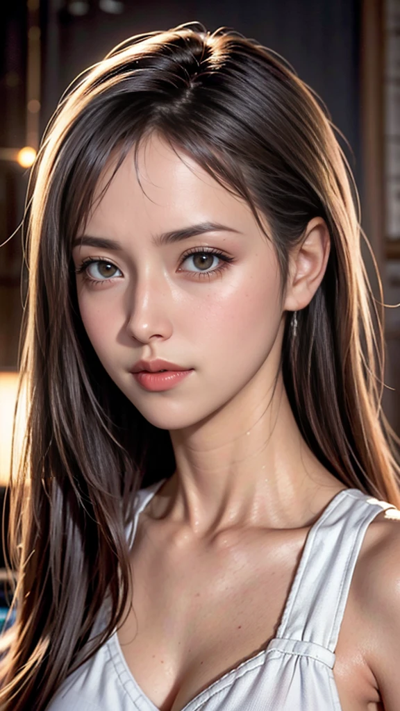 8k, RAW Photo, Best quality, masterpiece,(photorealistic:1.4) , (lip gloss, eyelashes, smiling, bright face, glowing skin, best quality, ultra high resolution, depth of field, chromatic aberration, caustic, wide lighting, natural shading) ultra high res, front view, medium breast size, raw photo, 1girl, Indian girl, indian girl face, white dress, perfect face, offshoulder, in the dark, deep shadow, Cold light, caustics, looking at the viewer with a serene bliss, volumetric light, foggy background, rim light, edge light, backlit hair, Low Key