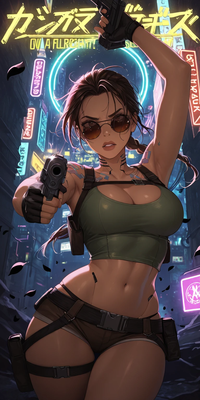8k, Realistic Skin Texture, Realistic Photo, Neo Tokyo, slim women, large-breast:1.4 cleavage:1.3, AD2050 at night, Dirty hunting jacket, Wearing tube top, miniskirt, (((black sunglasses, automatic rifle, sneakers, cold, shooting pose, very low angle view))), Innovative composition, revenge, cyberpunk, blade runner worldview, Large neon sign, Geisha hologram sign, Strong Wakamoto Sign.