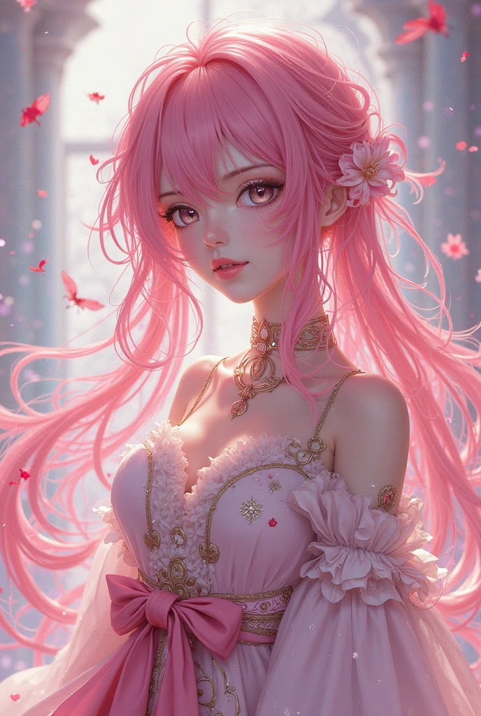 animemanga girl,long whitr hair,Pink dress,Butterfly headdress,耳Nipple Ring,pearls necklace,Pearl bracelet,dreamy background,Beautiful anime CG art,GameCG,realistic anime 3D style,
anime styled 3d,3 d anime realistic,3d anime girl,Guviz-style artwork,Realistic young anime girl,Guviz,Beautiful anime style,best qualtiy,super detailing,Good atmosphere,delicated,cg render,detail render,(Delicate facial portrayal)(Fine hair portrayal)(highest quality)(Master masterpieces)(High degree of completion)(a sense of atmosphere)8k wallpaper,tmasterpiece,ultra - detailed(half-body portrait)