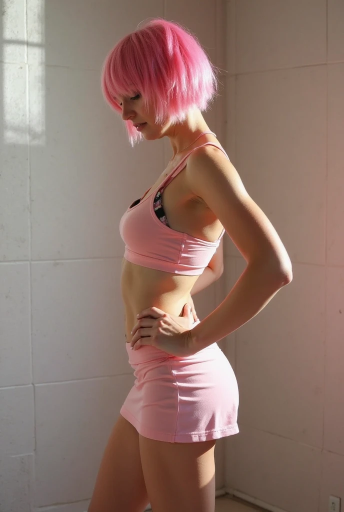 1girl, face, chut girl, white background, pink and light green hair, short and straight hair, green camisoles,
