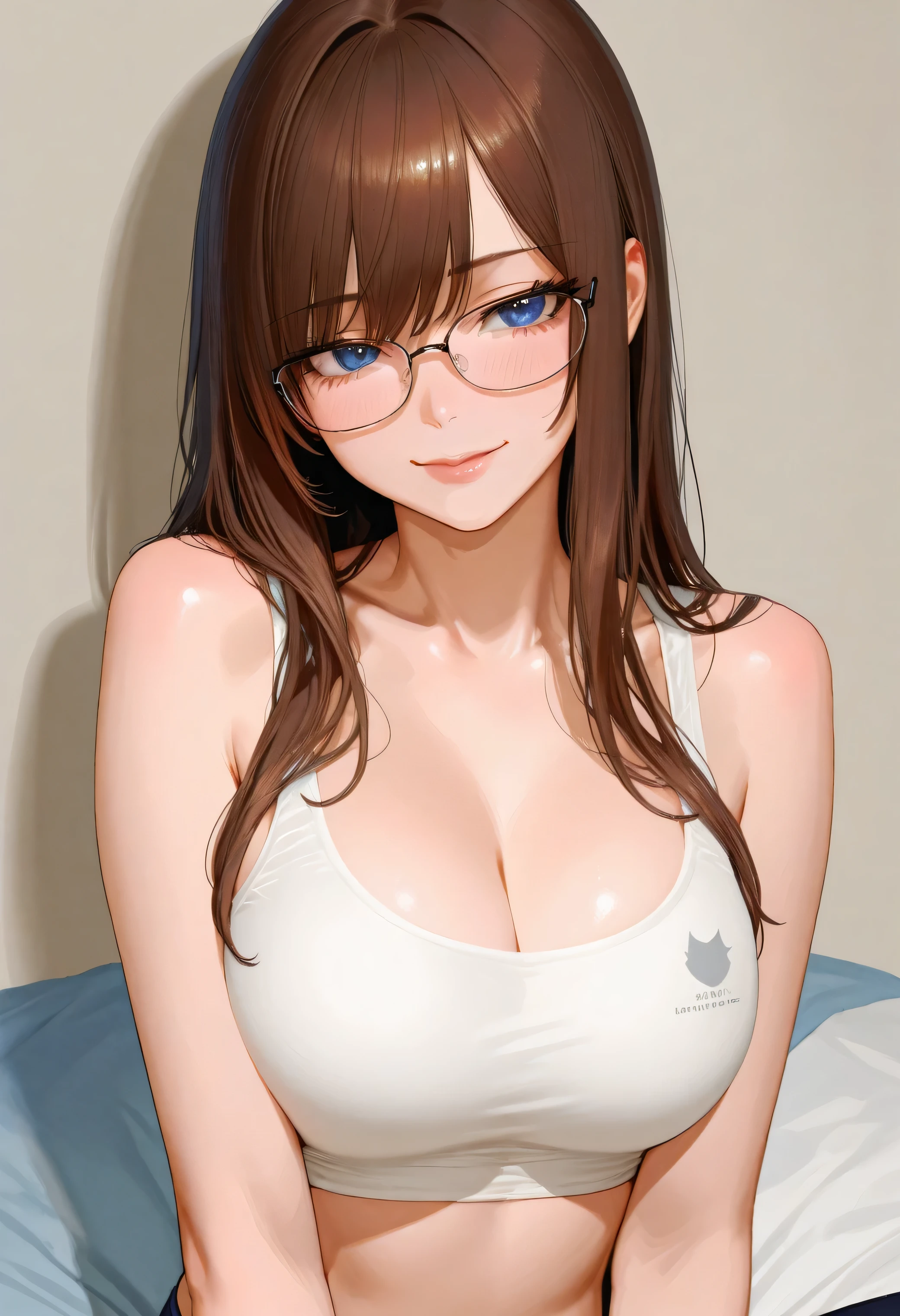 (Photo:1.3), highdetail, Android21, 1girl, solo, looking at viewer, smile, blue eyes, brown hair, white lingerie, jewelry, , glasses, , curly hair, (acclaimed, alluring, captivating, exciting, gorgeous, striking:1.3), (trending on artstation:1.3), (white lingerie), bedroom, laying on bed