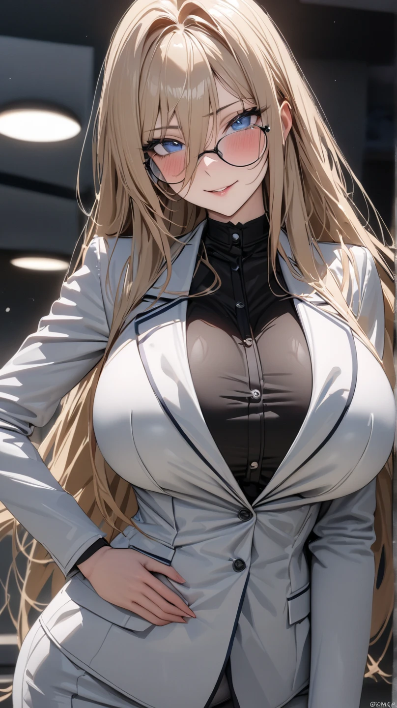 woman,14 years old,,city,night,(((white and blue tight miniskirt bodysuit))),,open mouth smile((See-through))(((Glasses))),((Beautiful long ponytail)),(()),blush、surprised face,((())),((blonde))(((On the way to changing clothes)))(((While undressing)))