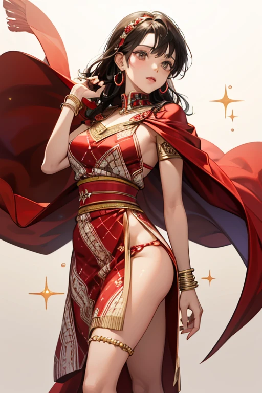 high quality, very detailed, fantasy, Sagittarius、 Beautiful woman with a scorpion tail、black hair、short hair、red armor costume、black scorpion tail、Style like a horoscope card、Mysterious, Alphonse Mucha&#39;s Art Nouveau line, awesome full color,