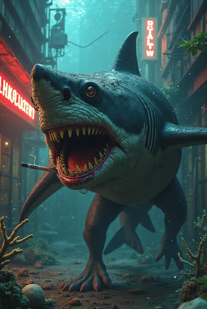 cyberpunk cyborg shark, multiple mechanical insect legs, terrorizing women on the streets of Bangkok, damsel in distress, women being eaten, highly detailed, 4k, photorealistic, cinematic lighting, gritty urban environment, neon lights, rain effects, dramatic poses, extreme tension and fear on faces, dark and moody color palette, sinister and ominous atmosphere