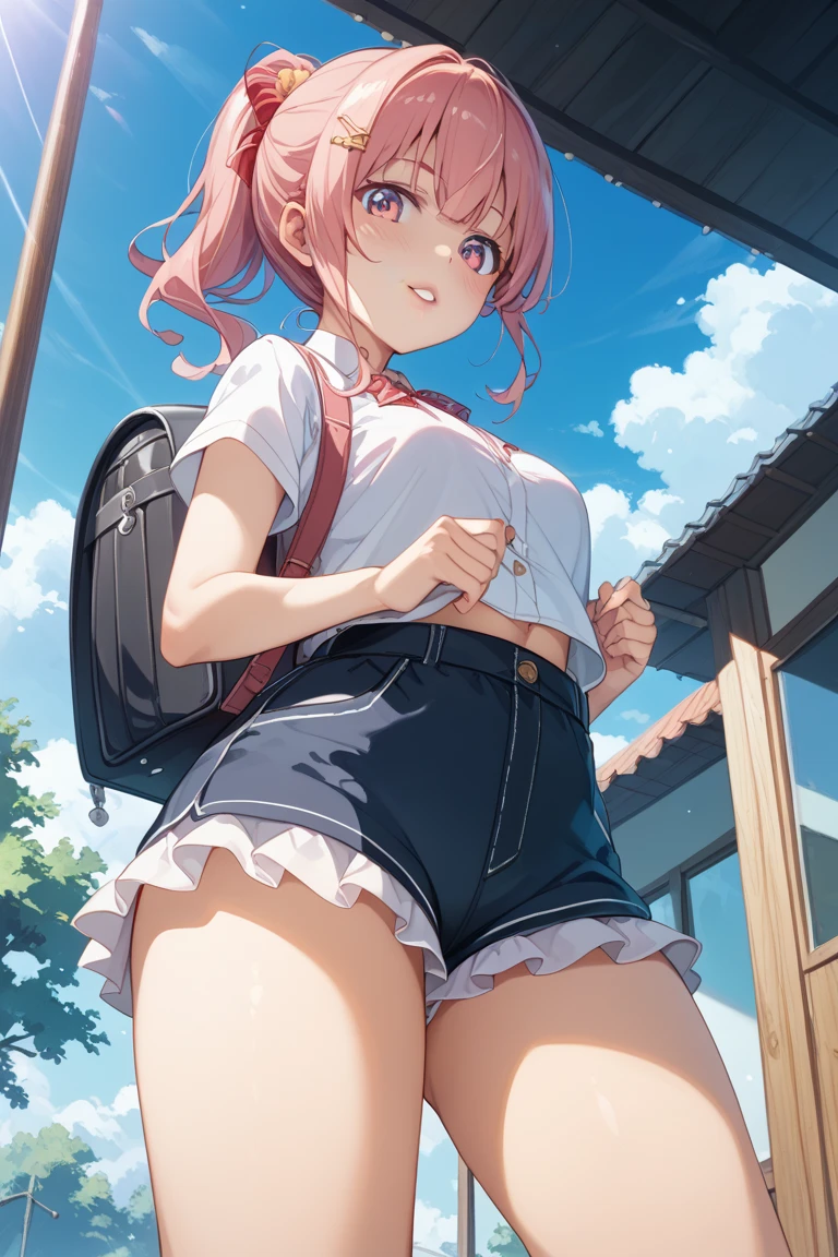 (Masterpiece), short hair, 1girl, floofy hair, curly hair, brat, tsundere, short slirt, highschool uniform, school girl, tie, embarrassed, blushing, wobbly mouth, (angry), from behind, pink hair, looking at viewer, outside, backpack, panties, sexy, very chubby butt, one breast popping out