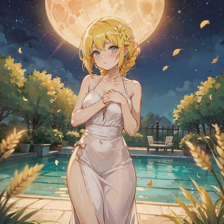 MASKING, 1girl, solo, looking at viewer, smile, short hair, blonde hair, brown eyes, yellow eyes, white bikini, high quality, solo, night sky, beach, arm behind head, hand on hip, contrapposto, closed mouth, spread armpits, (cowboy shot:1.5), looking at viewer, grin, best quality,