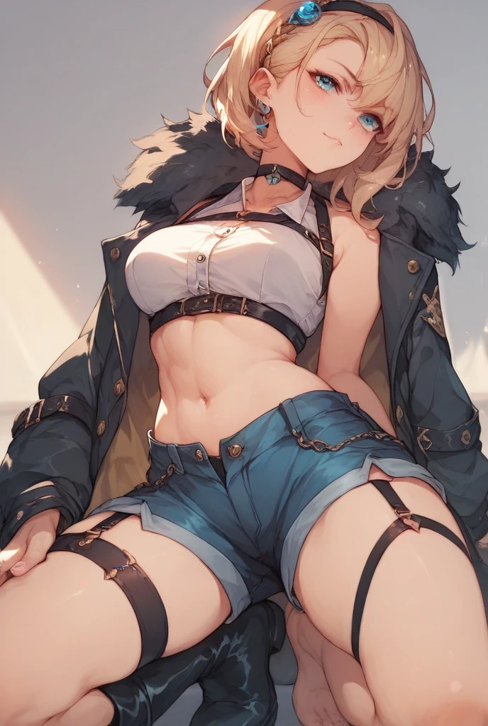 GRANBLUEfantasy,1young_teen_ girl,brown_hair,medium_bob_hair,platina_blond_hair,white_leotard,covered_crotch,thigh-highs,smile,standing,bluesky_landscape_background,slightly_spread_legs,happiness, short_gloves ,solo, r18, navel,relicbuster,short,boots,open_mouth,sitting,knees,