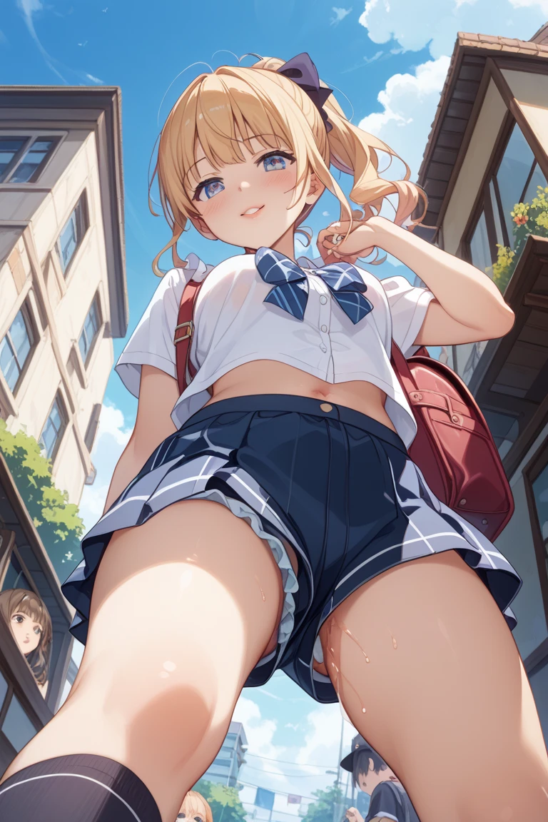 (masterpiece:1.3, highest quality, 超High resolution, super detailed), (realistic:1.1, photorealistic:1.4), beautiful illustrations, perfect lighting, colorful, Depth of the bounds written,
beautiful fine hair, beautiful and detailed face, detailed and beautiful eyes, beautiful clavicle, beautiful body, beautiful breasts, beautiful thighs, beautiful feet, beautiful fingers,
looking at the viewer, 1 girl, Japanese, high school girl, perfect face, (perfect anatomy, anatomically correct), Cute symmetrical face, baby face, sunburn, shiny skin,
(middle hair:1.5, twin tails:1.2, blonde hair), 非対称のbangs, blue eyes, long eyelash, (medium breasts), thin,
((collared short sleeve shirt, light blue shirt, , Grey plaid pleated skirt, navy them)), light blue panties,
(beautiful scenery), evening, (outdoor, distant cityscape), Are standing, (peace sign), (cute smile, upper eye, open your mouth), see the whole body、front, frontやや下からの構図, (whole body from head to toe),(((sena airi))), ((one side up , reddish brown hair)), ((blue eyes, beautiful eyelashes, realistic目)), ((detailed face, blush:1.2)), ((smooth texture:0.75, lively质感:0.65, lively:1.1, Anime CG style)), medium breasts, perfect body, attractive way to sit, (((show panty:1.3)))、M spread legs:1.8,(((show panties:1.3)))、((((M字spread your legs:1.4)))) 、first class, masterpiece, High resolution, (Full body diagram from head to toe), (whole body from head to toe), (small breasts), Unkempt brown hair, bangs, ((black tights)),( (black pantyhose)),(luxury lingerie), (spread your legs立つ), (((one leg standing pose))), (((Composition showing panties))), ((her legs spread、I can see your panties.)), (I was made to stand on one leg with my legs apart...), ((((spread your legs)))), thin脚, A very beautiful and tall 18 year old girl, (not wearing shoes), blush, shy big eyes, looking at camera,((skirt lift)),please stand facing me、((Vulgarity:1.2)), hand between legs,knee length socks、((crotch grab、standing split))、nswf