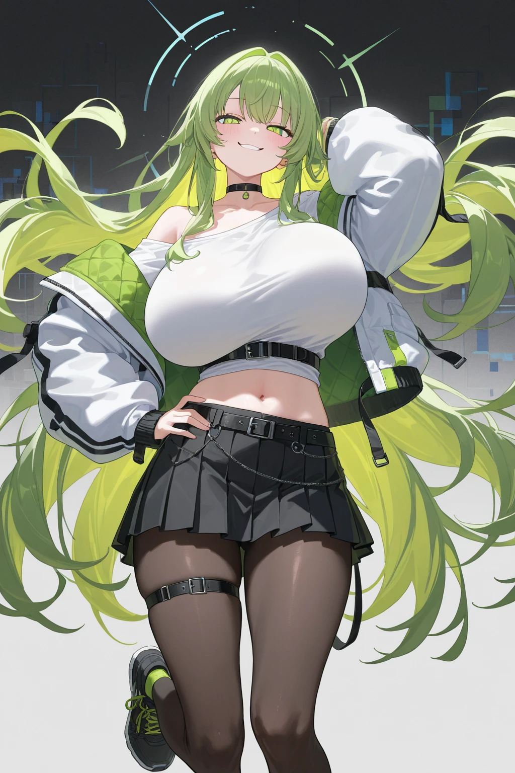 ((highly detailed)), ((nikke)), ((sodai: 1.2)), perfect human hands, (great breast:1.1),masterpiece, best quality, ultra-detailed, glistening shiny, glowing light, ray tracing, HDR, deph of field, (perfect face, detailed face, detailed eyes,perfect hands,perfect fingeredium :1.2),8k,HD,ultra realistic face,ray tracing,perfect lighting,best quality, ultra-detailed, shiny eyes, ( smile:1.1), ((1girl:1.2)),cowboy shot,thicc,streaked_hair,((green gradient hair)),multicolored eyes, gradient eyes, red eyes, (glowing eyes:1.5), mascara, (fashion make up), (parted lips,blush, detailed face, cheerleader, (((stadium))), cheerleading ,dark blue sky),((super detailed background))),((super detailed background)), dynamic poses, ((8k wallpaper)), (mature female), black thighhighs, gigantic sagging breast, standing, (((lifting up skirt:1.4))), (((cheerleader outfit))), (((pom poms in hands))), (((jumping: 1.4))), (((soda inside a stadium)))