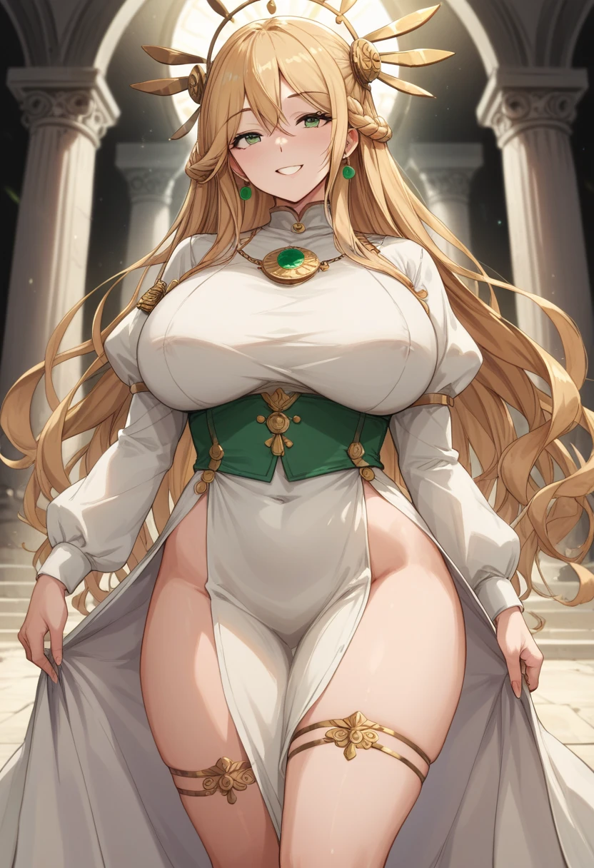 ((Masterpiece, Top Quality)), detailed face, character sheets, full body, full of details, Multiple poses and expressions, highly detailed, depth, Many parts,((huge breasts))1 beautiful woman, Greek goddess " aphrodite", very long curly blonde hair, red lips, fantasy Greek goddess dress full body, greek goddess jewelry, greek goddess headdress, flirtatious smile,
,full body