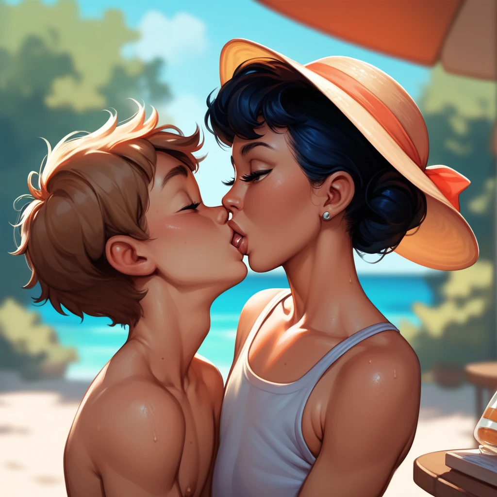 score_9, score_8_up, score_7_up, 1boy, 1girl, mature female, (mother and son), kid, kid lying on back, woman on top, woman kneeling, naked, on a beach, cum dripping from penis, side view, cowgirl sex, upright, back view