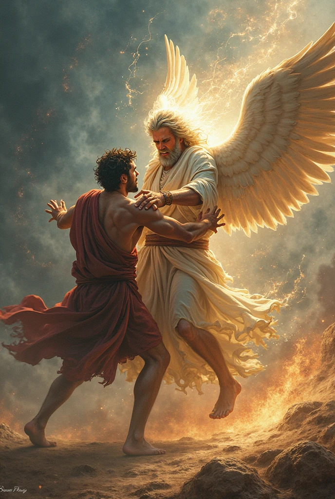 ancient patriarch Jacob wrestling with an angel at the Jabbok river, oil painting, intense battle, determined expressions, flowing robes, strong muscular figures, sun setting over the water, masterful brush strokes, dramatic lighting, vibrant colors, intricate details, divine presence, timeless artwork, high resolution, realistic portrayal, emotional intensity, symbolic struggle, powerful composition