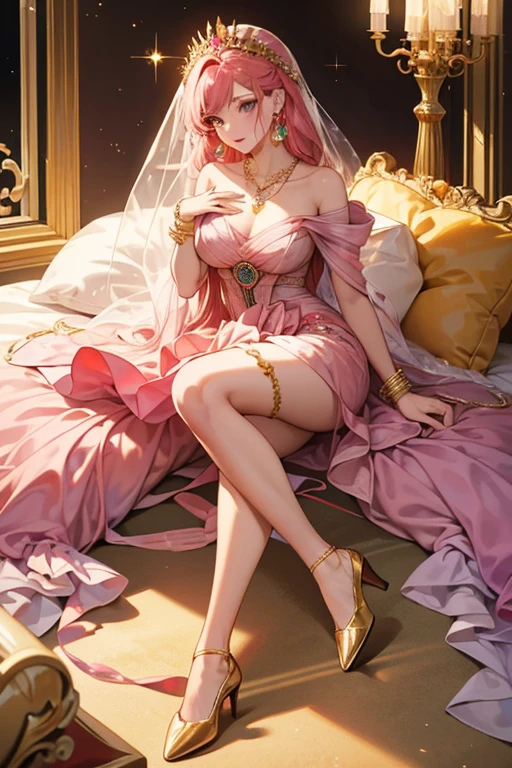 nighttime,full body,Genshin Impact:Yae Miko,(((Wearing French style, palace wedding dress, Fabric: Chiffon ))), in Pink Rose Castle, Masterpiece,best quality,extremely detailed 3DCG, Cinema-4D ,8k,Photorealistic, ( ##tattoo ##,tattoo, ~+ tattoo), (erfect female curves),(A seductive gaze), Facing the camera, Pink lips,Blacklight lighting,