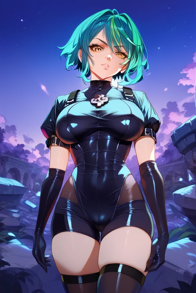 Skinny black latex cleavage dress, tiny waist, Thin waist: 1.7,ultra realistic 8k cg, masterpiece, ((ultra detailed background, delicate pattern, intricate detail)), (highly detailed, fine details), best quality, (photorealistic:1.7),Greasy body, There is a body where lubricating oil flows down, Verism, Verism。 (NSFW:1.3), the perfect body. (sexy eyes) (seductive eyes) (clothes wet with water) (completely transparent plastic top) (suspender stockings, suspender stockings, high-gloss stockings) fleshy thighs tightened by high-gloss suspender stockings, huge soft breasts. Outermost transparent gauze on body, beautiful woman, surreal, 1 girl, ((facing the audience, hand caressing her chest)), (huge soft breasts, charming body: 1.8), sit-ups: 1.6, green hair: 1.9, (wet rain, rain wet, wet body: 1.9), painting, masterpiece, best quality, ultra-detailed, absurd, portrait beautiful, solo, earrings, jewelry, bikini, smile, sexy belt outfit, tank top, sky, day, swimwear, outdoors, gloves, necklace, transparent bikini, sexy, volumetric lighting, best quality, masterpiece, intricate details, realistic skin texture, pixiv, ultra-detailed, artstation trend,oilly skin, wet rosy skin thin waist: 1.6, Large, upturned breasts, transparent clothes, enormous breasts, anime characters, anatomically correct, textured skin。 (nsfw:1.3)enormous breasts, The picture is colorful, The brushstrokes of figure painting are multi-layered and rich。