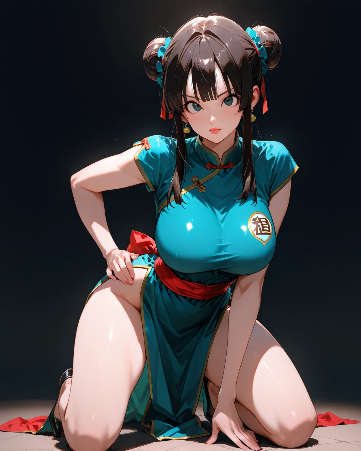 4K, A high resolution, Best quality at best, masterpiece, perfect colors, perfect shadow, perfect litthing, ((sportrait)), 1woman, fit-muscled body, bright yellow eyes，dark blue hair , blue eyes, With round lenses, The audience watched carefully, (s face: 1.2), Perfect female figure, ((standing)), ( beautiful red chinese qipao dress-clad woman stands in the half-light, her cleavage accentuated by the sharp focus of the camera. The modern red chinese qipao dress, adorned with intricate patterns), ((shy and looking at viewert)), (Perfect thick white eyebrows) Delicate fur, 详细s face, s the perfect face, chinese cyber punk background, cyber punk lighting atmosphere, ((Bonifasko lighting)), (The round lenses on his eyes)(詳細な目), Perfect student, face close up, small breast