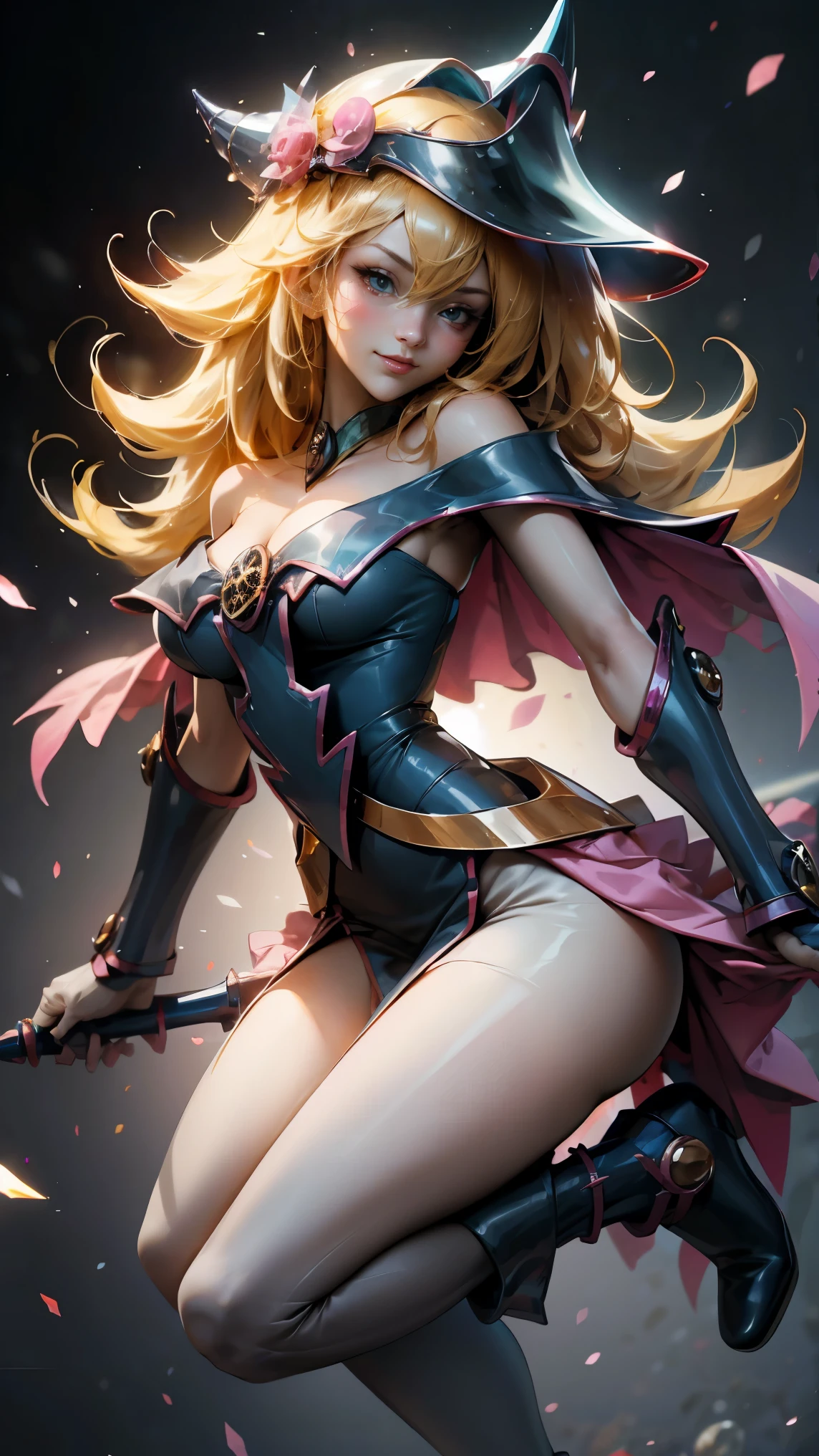 Retrato dark magician girls、、expresión bright、Horse tail、young, Glossy, bright, White skin、cheek highlighting、The best beauty、Clear, silky blonde hair with dazzling highlights、Cabello bright y bright,、Super Long Silky Straight Hair、Flequillo hermoso y bright、Grandes ojos azules brights como joyas brights.、very beautiful pretty pretty 16 year old girl、wide bust