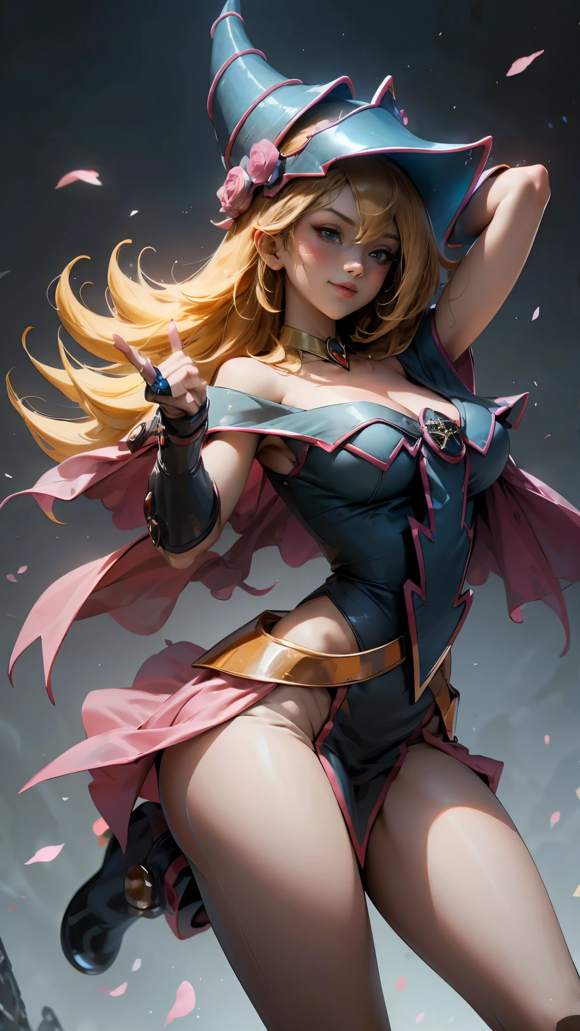 (Masterpiece:1.2), (The best quality:1.2), perfect lighting, Dark Magician Girl casting a spell, in battle. floating in the air, visible medium tits, transparent neckline, blue robe, big hat, From above, sparkles, Yugioh game, The magic of the heart. LIGHTS OF THE HEART, romantic heart. She wears gold heels. In heels. heels