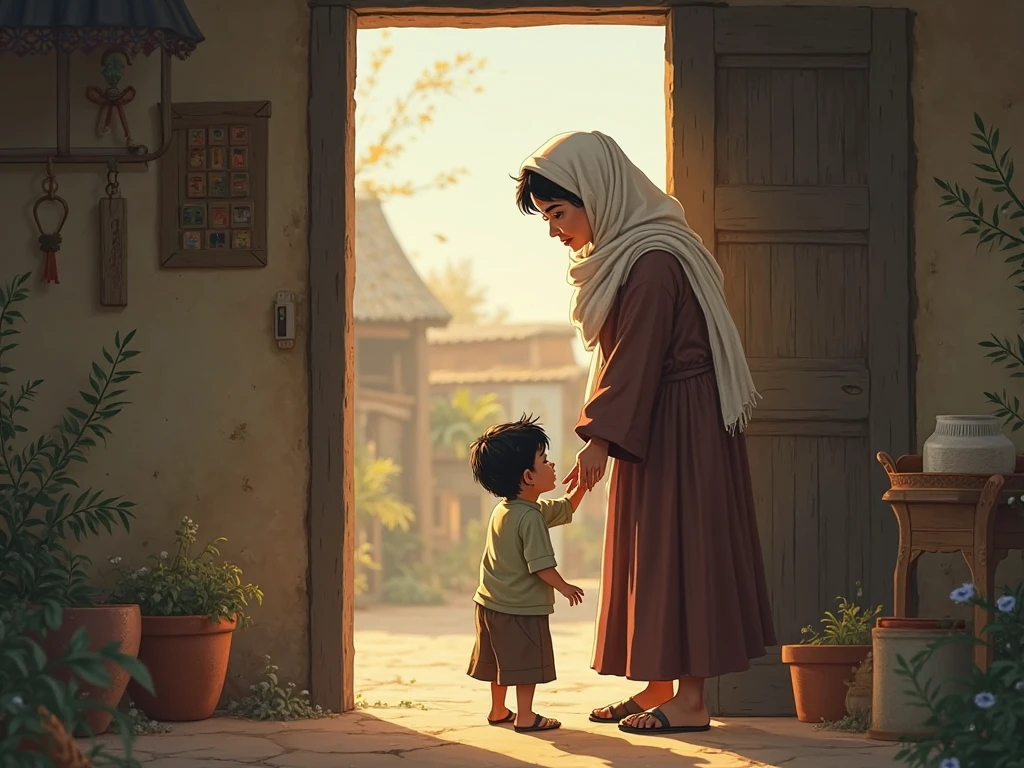 Riyad came and said to mother, — “Mother, you go to the village house