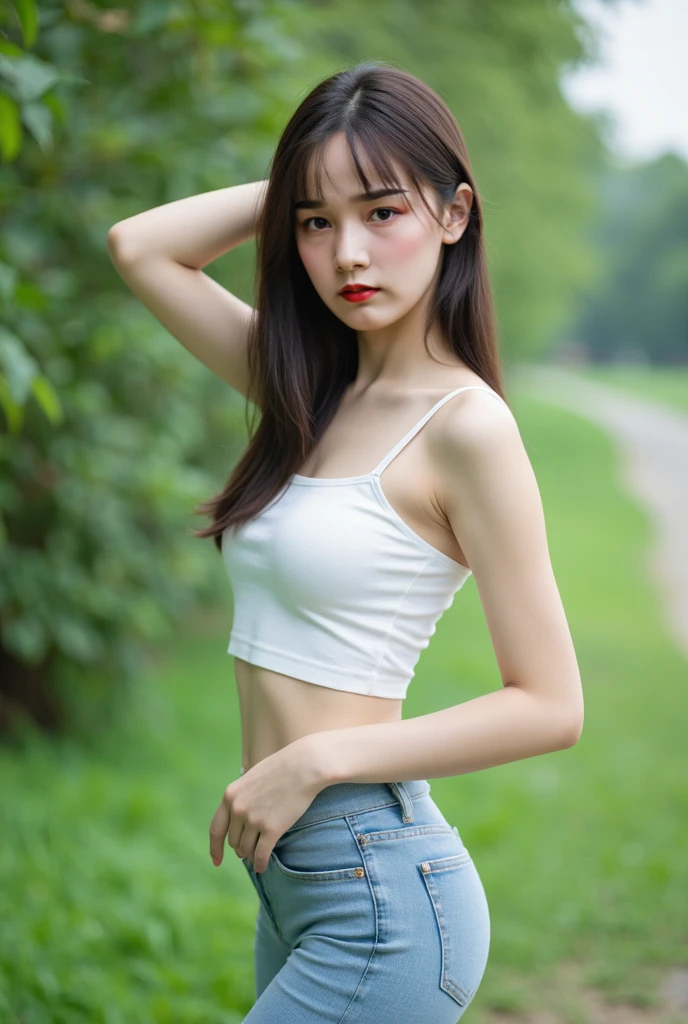 A very cute girl, solo, young, wearing navy tank top and short pants, big breasts, white and smooth skin, standing, long hairs, red lip, at forest, realistic face