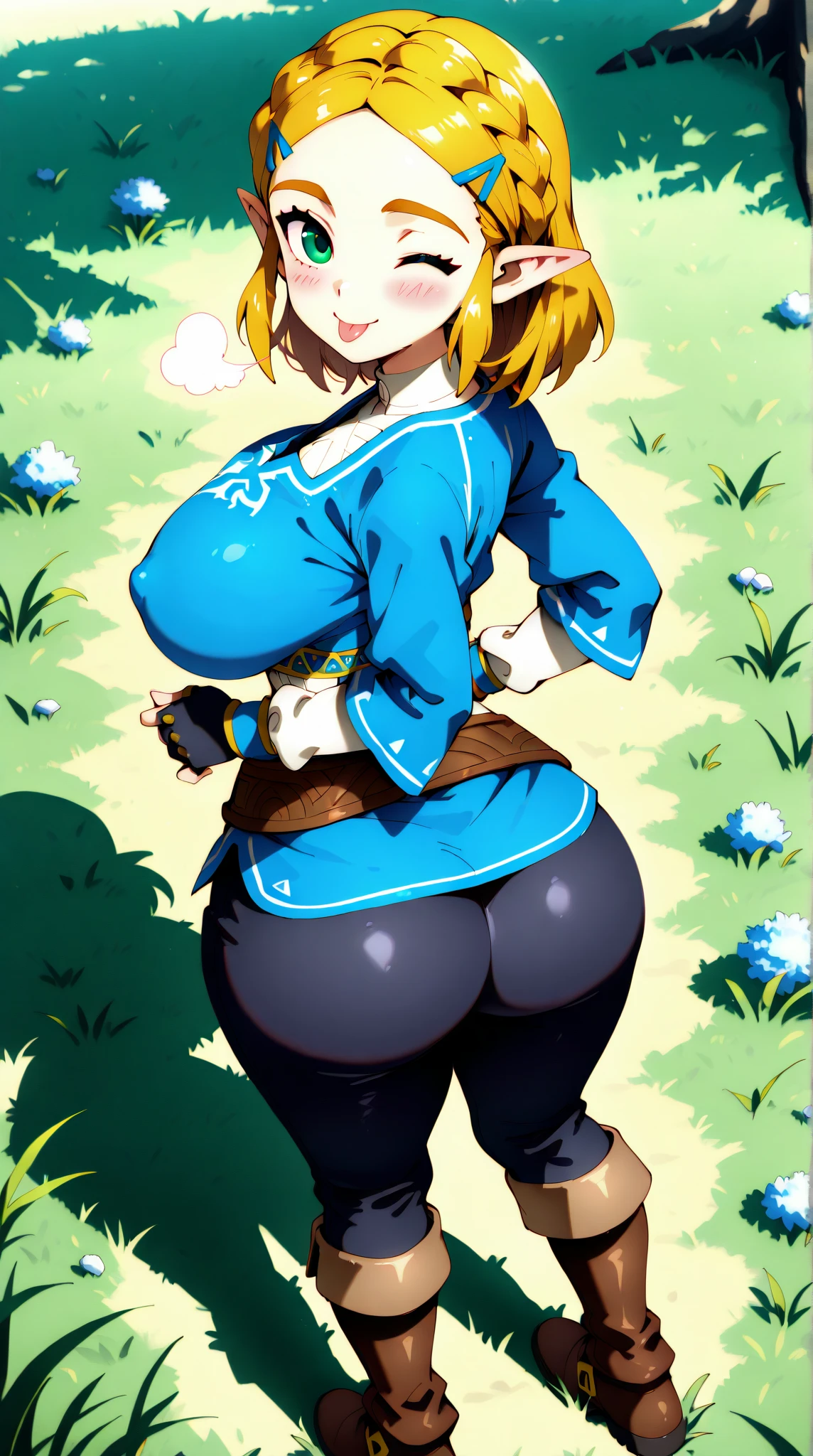 best quality, olhos expressivos, rosto perfeito, short hair, blonde girl, Onze, Zelda Princesa, roupas de princesa zelda, A Lenda de Zelda, Totk, black pants, large breasts, large ass