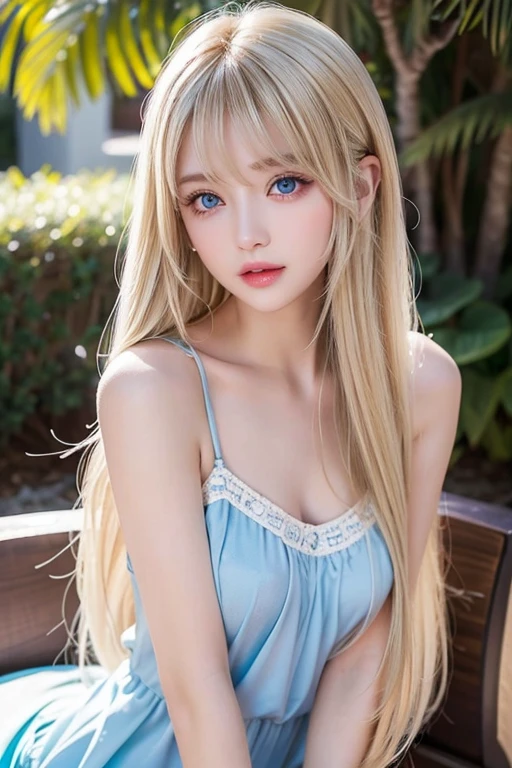 Portrait、、Bright expression、Young, lustrous, glowing, white skin、The best beauty、Blonde reflection、Platinum blonde hair with gorgeous highlights、Shiny and shiny hair、Super long silky straight hair、Shiny beautiful bangs、Big, bright, light blue eyes that shine beautifully、Very big eyes、Very beautiful nice cute 15 year old beautiful girl、Ample Bust、The skin is delicate,Head up,Giant Mouth,look at me,((full throat),((breathe)),(Throat),Sweat,Interrupt),the dress is dripping,super low neck dress,No underwear,Pantyless,Water spray、bangs over eyes、片bangs over eyes、Bangs between the eyes、Small Face Beauty、Cheek gloss highlighter、Small Face Beauty、Round face
