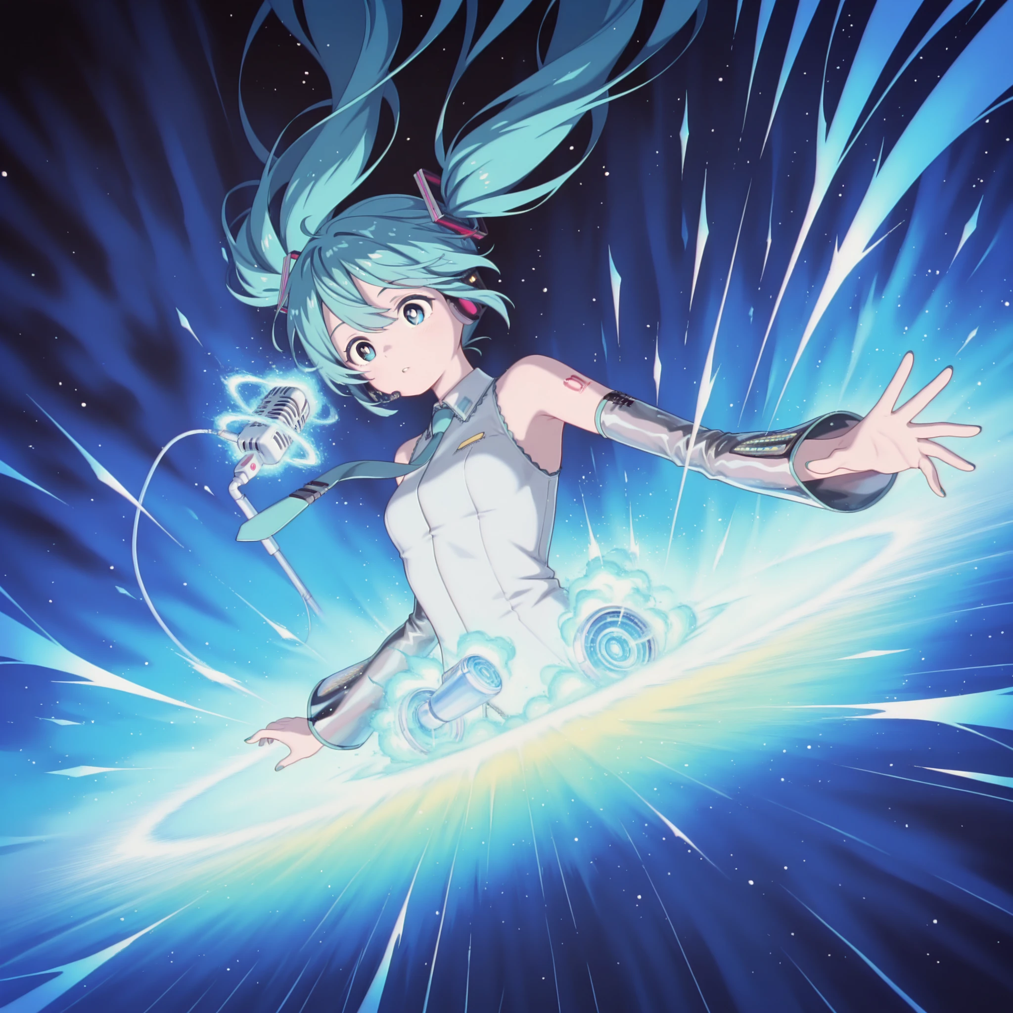 masterpiece, best quality, highres, 1girl, solo, superhero, leotard, bare legs, boots, matching boots, aura, blue aura, sleeveless, gloves, bracelets, matching gloves, looking at viewer, light particles, city backdrop, perfect hands, perfect eyes, powering up, perfect leotard, perfect legs, perfect arms, perfect fingers, light blue and dark green leotard, green hair, aquamarine eyes,
