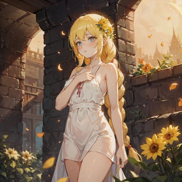white summer dress, cleavage, cross necklace, hair flower, wavy shoulder length yellow hair, thick black eyebrows, angry, green eyes, dark skin, dark skinned female, green eyes, small breasts, flat chest, thick thighs, short, broad hips, chubby, muscular arms, girl, short, short torso