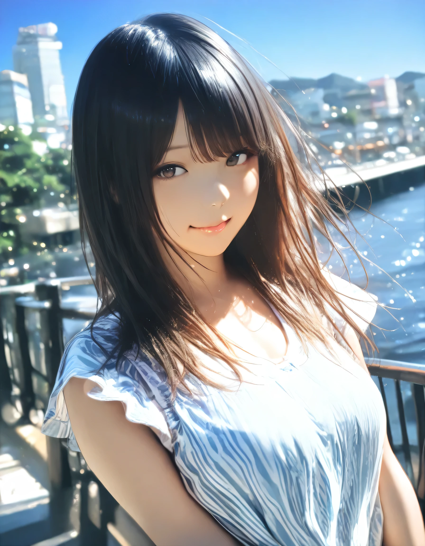 1girl, year 2019, upper body, early summer, Kobe, blue sky, casual clothes, masterpiece, high score, great score, absurdres, 16k, Ultra detailed, (photorealistic : 0.5)