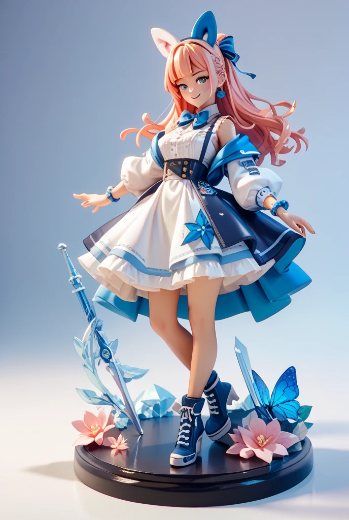 Girl child long pink hair up to foot, dark strong blue eye, navy blue short dress turtleneck and long sleeve,white lace short/panties,white pantyhose,yellow shoe/doll shoe,childish body, skinny,gleaming white skin, floating in outer space all starry with bright white stars,her huge hair is fluttering,she has small pink lips,  rosy cheeks, small pink nose,wears white gloves,her skin is very white,her short flowing dress,her big eyes bright dark strong blue