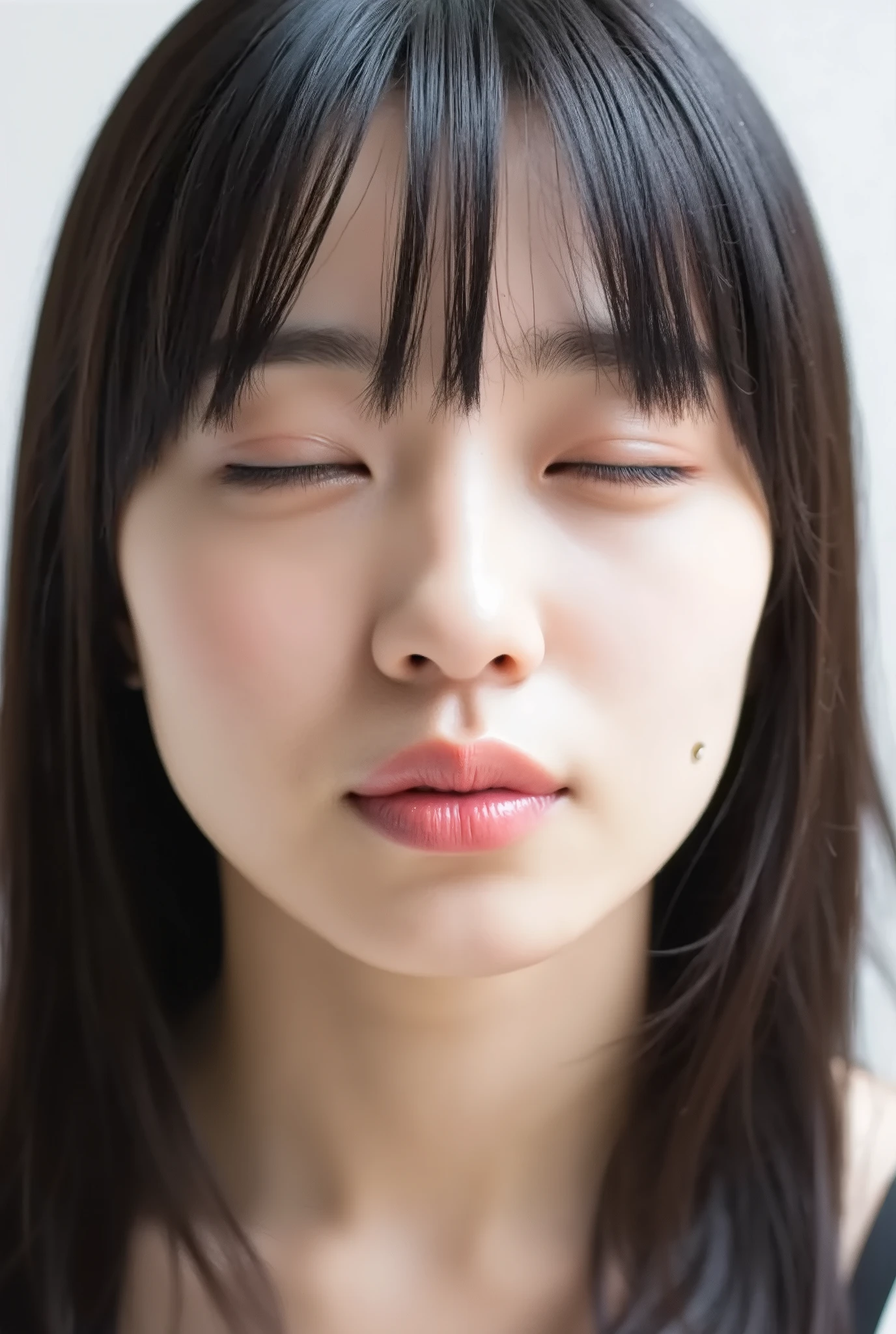 ultra-detailed close-up of a beautiful girl, collarbone-up composition, white studio background, soft natural lighting, slightly elevated front camera angle (around 35-60 degrees), full face and head visible in frame, chin gently lifted as if reaching up, head slightly tilted for cuteness, hands behind back and not visible, black camisole strap visible, soft innocent charm, longing and dere-dere expression, blissful and euphoric smile with flushed cheeks and ears, dreamy and adorable aura, eyes gently closed or nearly closed with soft lashes, expression overflowing with affection and dazed joy
extremely puckered lips forming a tight rounded "O" shape, strongly pursed lips protruding forward, circular and centered kiss-mouth, shimmering glossy lips with wet highlights, lips reflecting light with moist texture, hyperfocus on lips with soft depth-of-field blur around face contour to draw attention, slightly parted mouth (optional) to hint at tongue, but lips retain the tight circular shape
realistic natural skin texture with visible peach fuzz and matte softness, no visible makeup, subtle facial pores and skin microdetails, romantic soft glow
intense feeling of affectionate anticipation, cute and bashful yet deeply inviting kiss pose, soft warm atmosphere