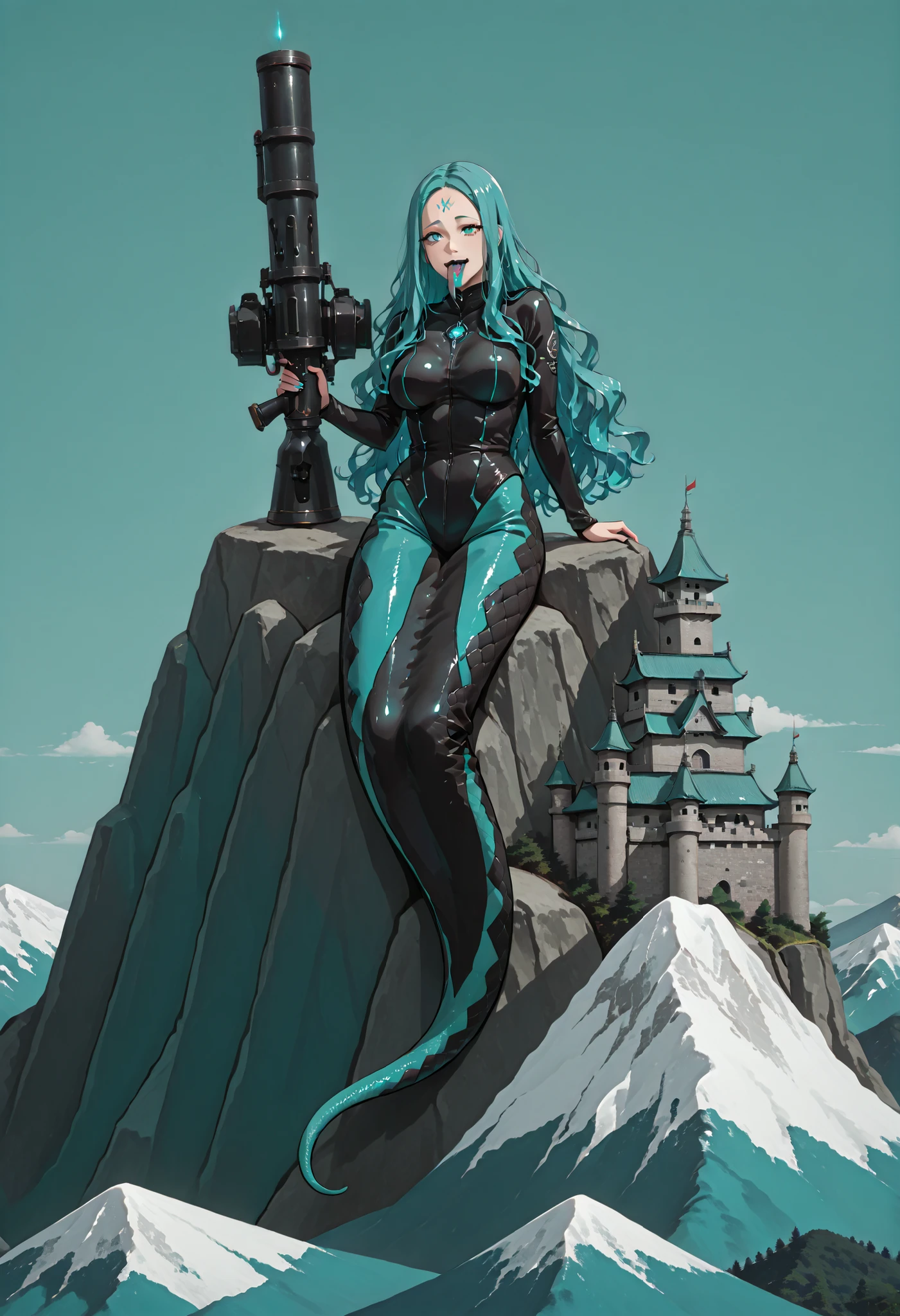 Giant girl. Lamia style. Aqua color hair. Wavy hair. Long hair. Forehead. Snake tongue. Sci-fi bodysuit. Multiple eye costume. Black costume. Turquoise decoration. Holding bazooka. Nature color snake body. Sit on a mountain. Mountain range. Japanese style castle. Cannon turret.