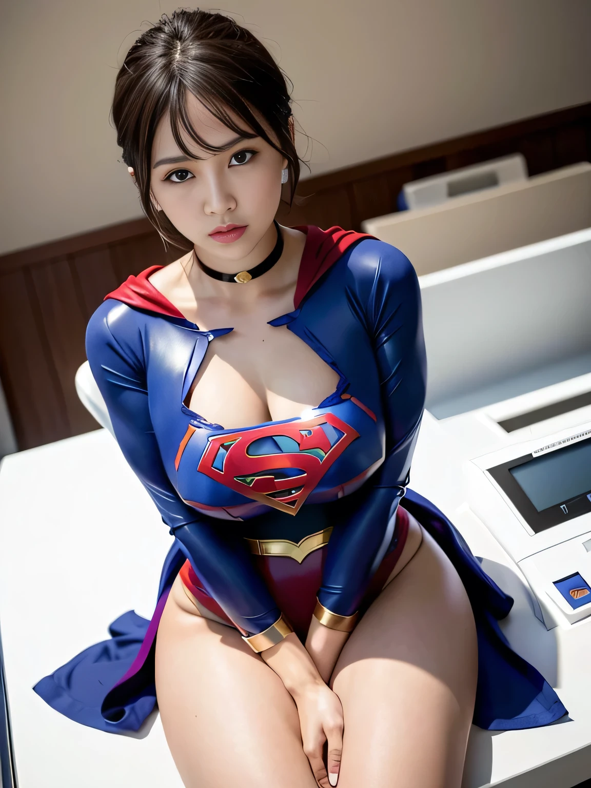 masterpiece、supergirl costume、short hair、barefoot、big and full breasts、Research room、operating table、pilates、Oily Skin、shiny、look at the camera、Sexy poses to seduce、model body shape、choker、long sleeve、red mini skirt、Cowgirl、Estrus、sweaty、Radical、off shoulder、Glamorous、