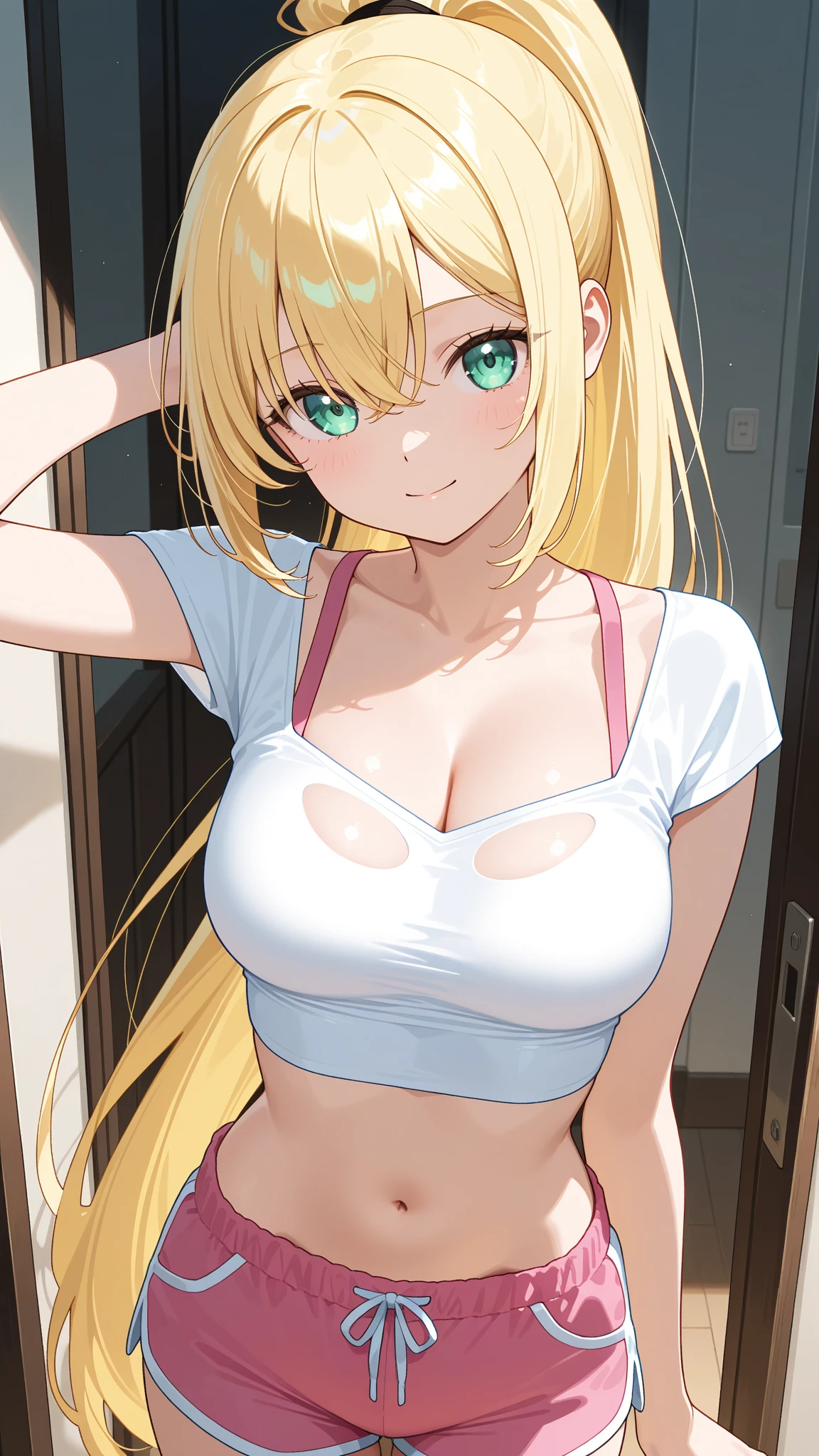 Optimal,masterpiece,High resolution,Highest quality,Hyper HD,Very detailed,Award-winning,16K,alone,(Upper Body),Correct Anatomy,Beautiful Cyberpunk Girl,Cowboy Shot、Cute Face,,blonde、Long Hair、Twin tails、Braiding, Hairline,((Scarlet Eyes)),Long eyelashes,Drooping eye corners,White skin,Shoot from the side, ((See-through camisole:1.5)), ((Transparent nipples))、rocket , (Because I'thin),