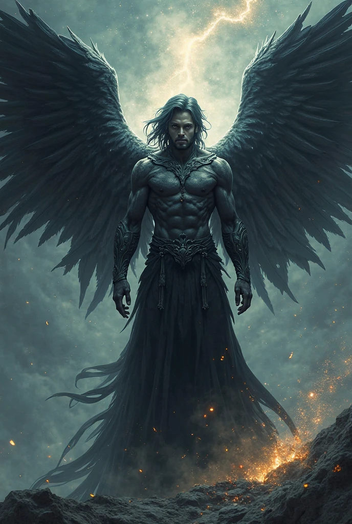 an image of a man with wings on his chest, winner of the cg society contest, fallen angel, metal album cover, agony and suffering, in the style of mark arian, head without skin, key frame, the angels are crying, world of sleepers, angel versus devil, emaciated, exalted, dystopian digital concept art