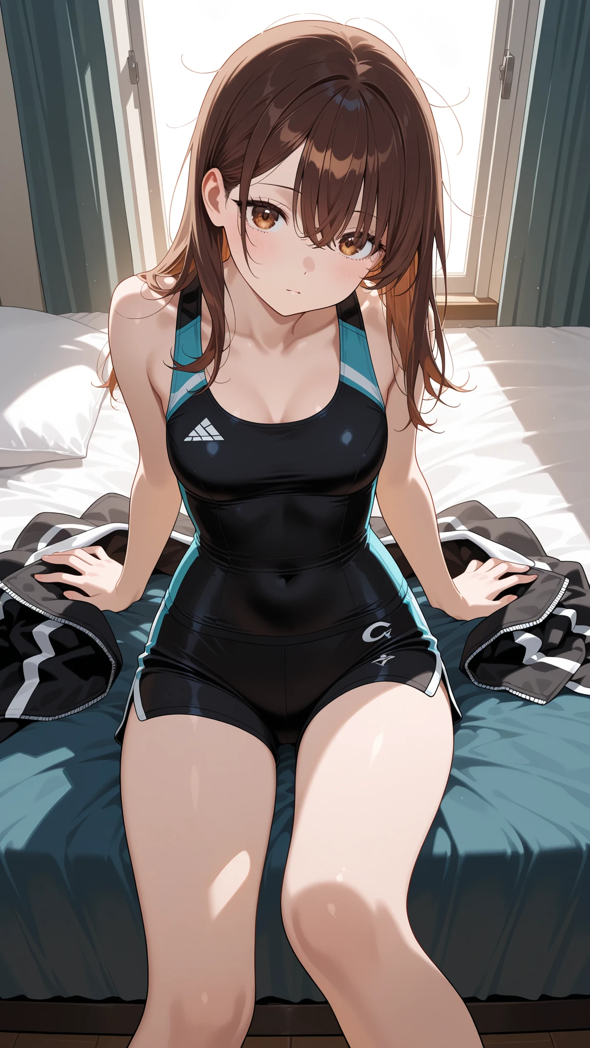 Very detailed CG Unity 8k 壁紙, Highest quality, Very detailed, masterpiece, Realistic, photo Realistic, Very detailedかわいい女の子, 13 years old,,Small breasts Long hair、(Shiny latex leotard),(A very high cut leotard),blush ,gym,Front view, Full Body Shot,(膝を立ててgymに座っている),(Sitting with one's crotch sticking out),(膝を立ててgymで座っている),