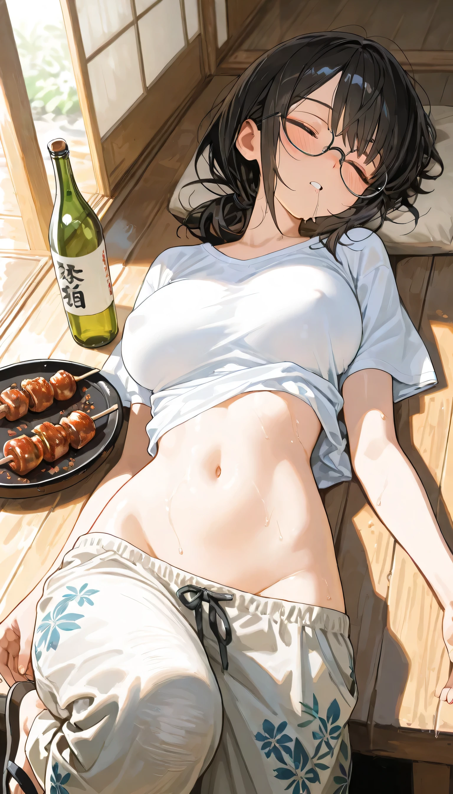 An anime-style girl with fluffy short black hair and glasses, wearing a simple white T-shirt and loose linen pants. lift up shirt, navel, groin, low-rise, large breasts, (erect nipples:0.9), She is lying back on a traditional Japanese wooden veranda (engawa) on a quiet summer afternoon, (hugging a japanese-sake bottle). She is dead drunk, blush cheek, sweat, (pained look face, A face with eyes closed, Sleeping with mouth wide open and drooling), Soft sunlight filters through the trees, casting gentle shadows. Her sandals are off and placed near her feet. The atmosphere is warm, peaceful, and nostalgic,
break,(masterpiece, finely detailed beautiful eyes: 1.2), ultra-detailed, ultra high res, professional lighting, high quality makeup, beautiful detailed eyes, Extremely cute, (extremely detailed beautiful face), (Authentic skin texture:1.4), very aesthetic, latest, scenery (delicate), Volumetric Lighting, Platter with yakitori served on it, Platter on engawa