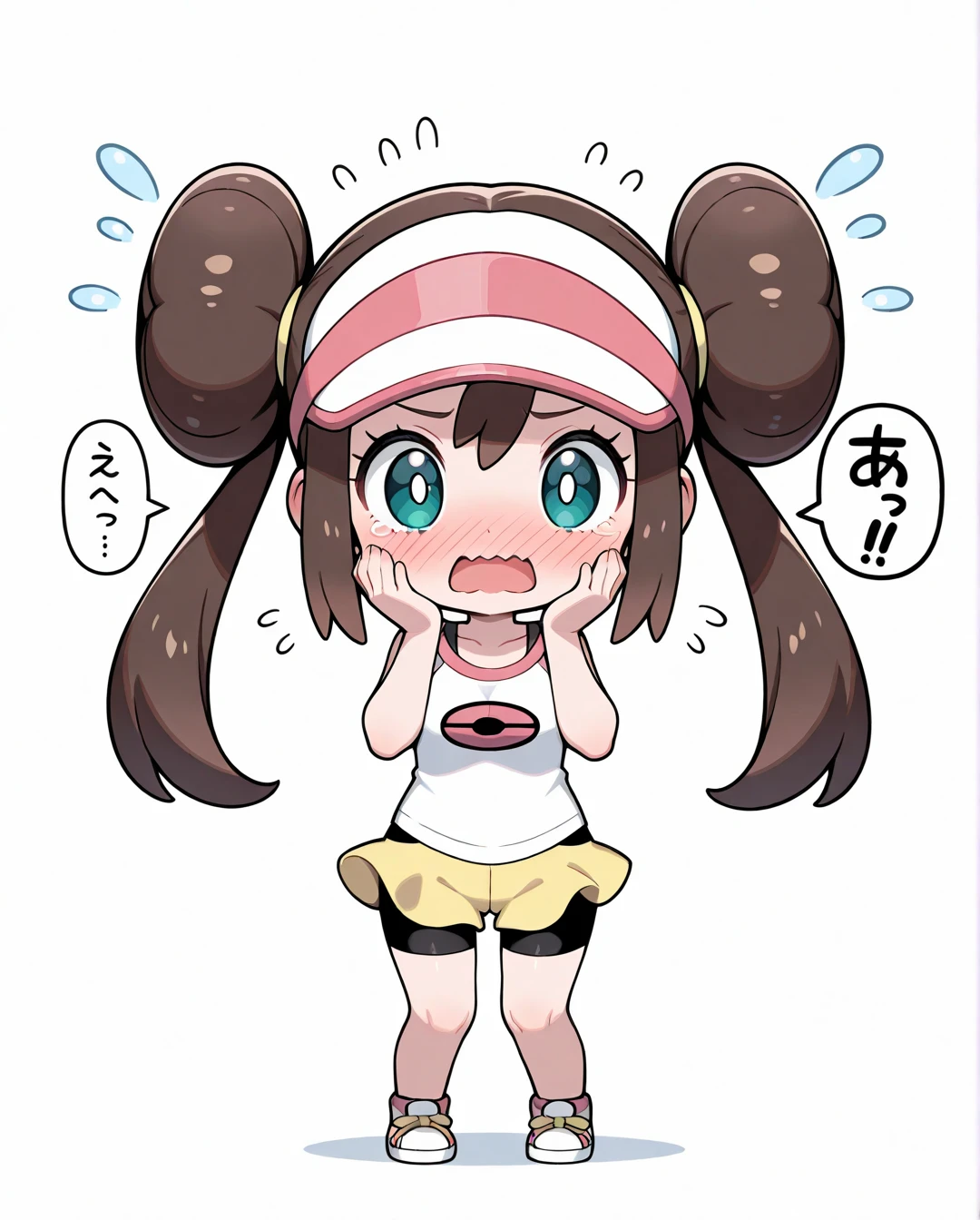 Holding a sausage with one hand and preparing to eat it, a 10-year-old Japanese girl is kneeling and sticking her tongue out, wearing sports shorts, a top and a sports bra.