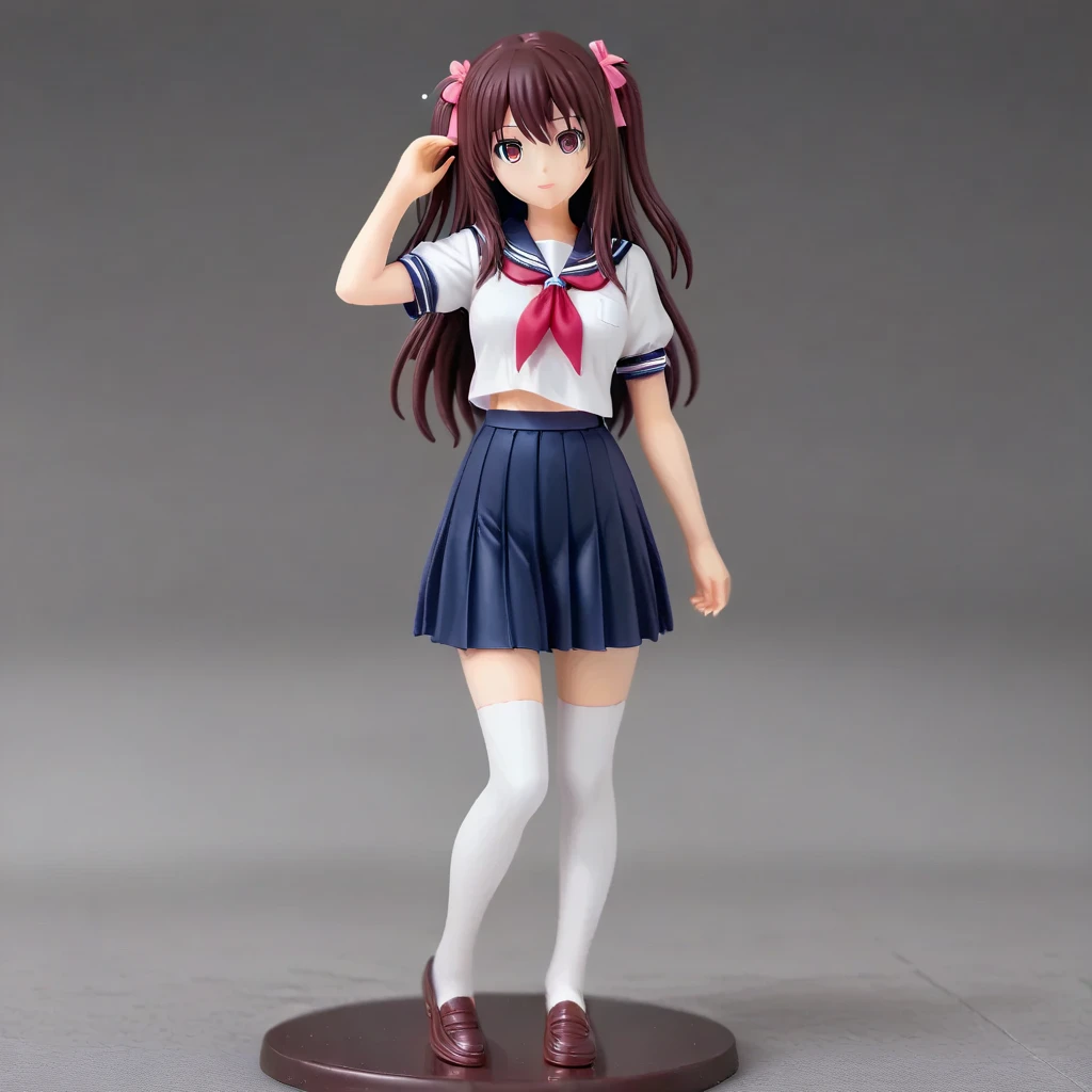masterpiece, best quality, highres, realistic, 1girl, highschool girl, 17 y.o, long hair, one side up, solo, ponytail,brown hair, blue eyes, bare shoulders, pink shirt, floral print, short sleeves, off-shoulder shirt, frills, blue skirt, cowboy shot, smile,standing, fullbody, wear sandals, wearing square shape backpack, red backpack, (square backpack:1.1), simple background, plastic models, pvc