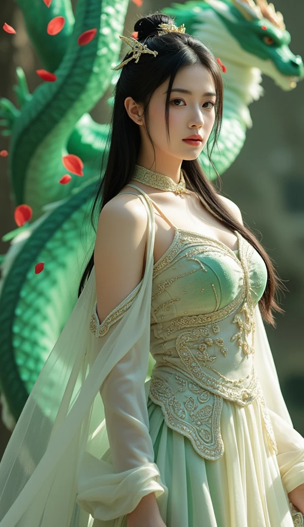 dragon_real, (extremely detailed CG 8k wallpaper, masterpiece, best quality, ultra detailed, beautiful detailed eyes: 1.2), best lighting, (best shadow, extremely delicate and beautiful bloom), the girl was surrounded by dragons, ( 1girl: 1.4), breasts, solo, full body, back tattoo, white dress, (dragon color: 1.4), bare leg, long dress,