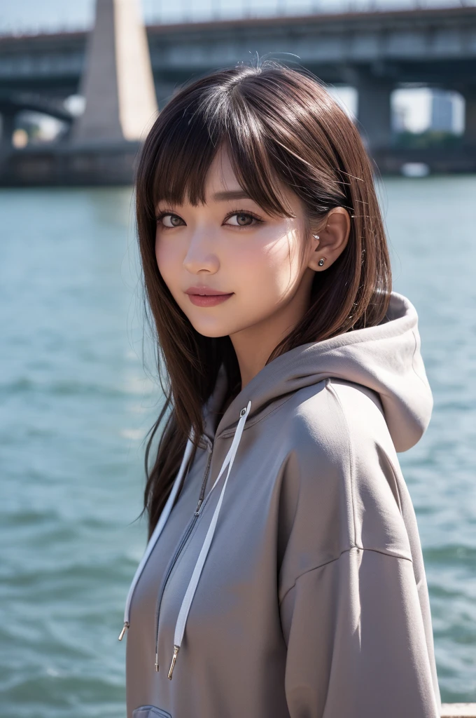(highest quality, 32k, High resolution, masterpiece:1.5, ), internal_jet, god々Photos with radiant and healing powers., A sense of calm and elusive beauty, Expressing emotions, Have a rich imagination,Beautiful Japanese Girl, Very beautiful face, Small Face Beauty, ((Full shot from the side:1.1)), Perfect Human Anatomy, Magic big eye, Motherhood and generosity, deep love, A fleeting smile, ((Shiny brown hair:1.1)), Super Long Straight Silk Hair, Asymmetrical bangs, Hair between the eyes, transparent, Soft white skin, Sharp eyebrows, Thin lashes, Natural Makeup, Cheek Highlighter, Pale pink lips, ((White Zip Hoodie:1.2)), ((Open Zip)), High resolutionの完璧な鎖骨, High resolutionの美しい胸元, Slim figure and ample breasts, High resolutionの美しい太もも, ((California Highway:1.3)), ((Detailed blue sky background:1.3)), Dazzling Sun, Professional Lighting, Professional Photographer, Professional Model, god秘的