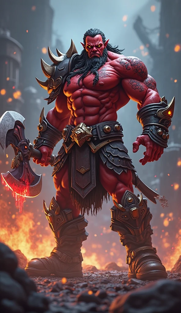 His skin would be a deep red, like the color of erupting lava, and his eyes would shine with a red glow, like that of an active volcano.
Her hair would be short and black, with some locks that would fall on his forehead like a crown of thorns.He would wear black and red armor, with metal plates that look like dragon scales. in his right hand, I would carry a giant hammer, with a metal head that looks like a mountain